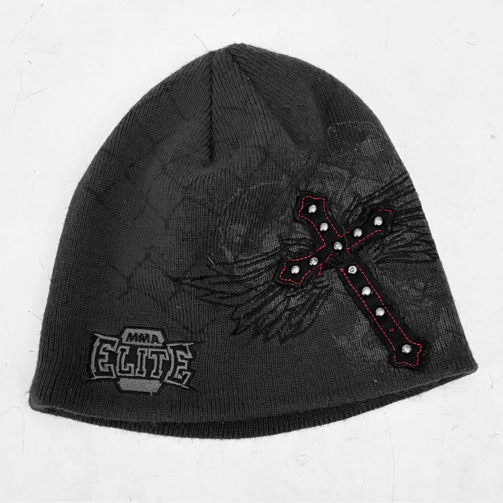 MMA Elite Mens Y2K Beanie Charcoal Grey Studded Cross Wing Embroidered Knit Hat